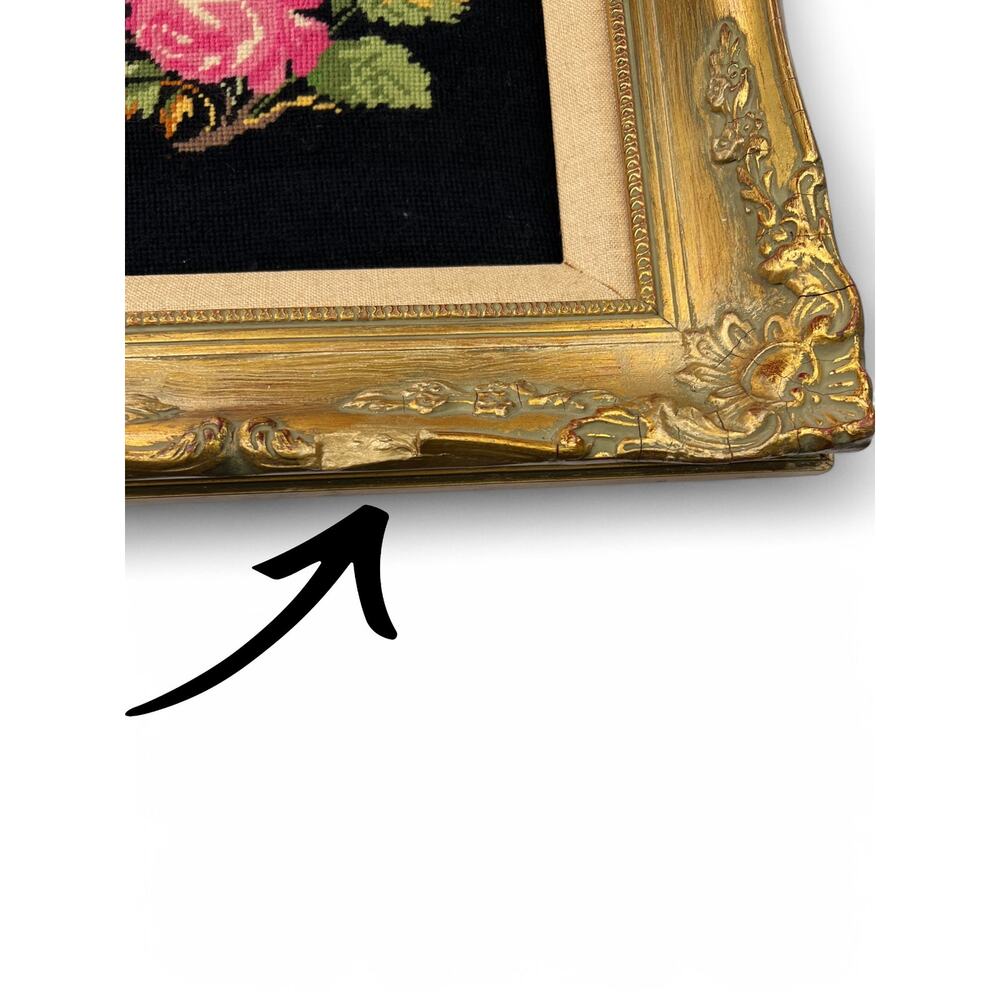 Needlepoint Floral Antique Vintage Gold Gilt Frame Embroidered Picture Wall Art - Picture 4 of 6